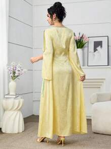 Yasmyna Vestido fluido de manga abullonada con escote en V, aplicaciones florales 3D y volante, color amarillo, para primavera/verano