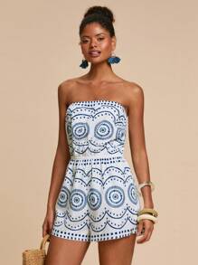 Travachic 女式蓝白印花抹胸连体裤，女士度假装，女士度假装，海滩度假装，女士夏季装，女士连体裤 - 藍白色 - 查看 5