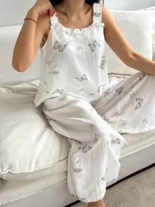 DAZY 2 件套女士蝴蝶和树叶全身印花无袖宽松背心和七分裤睡衣套装，返校服 - 白色 - 查看 5