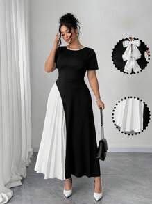 Elenzga Plus Size Women French Elegant Pleated Patchwork Bowknot Detail Dress - Black and White - View 6