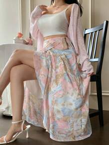 Wynsel 优雅雪花印花雪纺荷叶边A字裙，夏季返校季度假装扮，花卉图案 - 粉色 - 查看 3