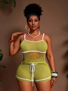 Slaydiva Conjunto de top de camisola de punto abierto y shorts tejidos para mujer de talla grande - Multicolor - Ver 7