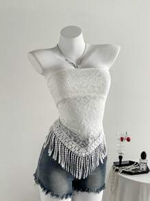 Roylia Stickad topp med tofsar och skör spets för kvinnor - Vitt - Visa 1