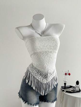 Roylia 女式流苏透明蕾丝针织短款上衣