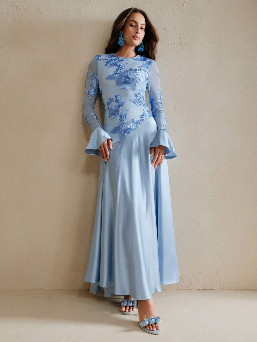 Anewsta 女士优雅花卉图案圆领修身 A 字连衣裙，度假装