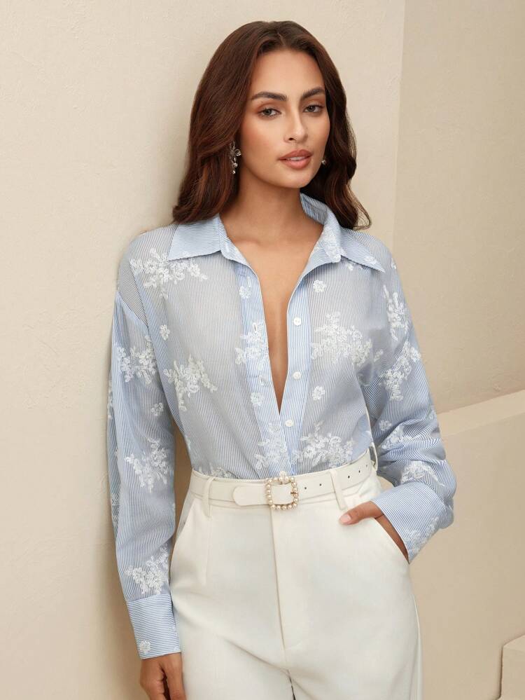 Camisa de manga larga con diseño de encaje, bordado y rayas elegante para mujeres, con diseño de espalda hueca, fina y transpirable para uso en verano