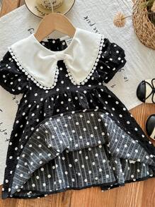 SHEIN LMoss Kids Babygirl 可爱夏季格子花卉图案彼得潘领连衣裙 - 黑與白 - 查看 6