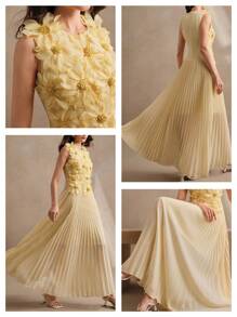 Anewsta 女士优雅褶皱珍珠花朵装饰连衣裙 - 淡黃色 - 查看 8