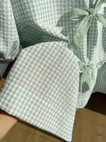 Comfortcana 大码薄荷绿和白色格子短袖休闲衬衫 - 薄荷綠 - 查看 4