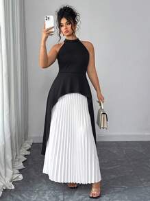 Elenzga Women's Plus Size Stand Collar Color Block Long Dress, Elegant Pleated Dress For Party, Summer - Multicolor - View 4