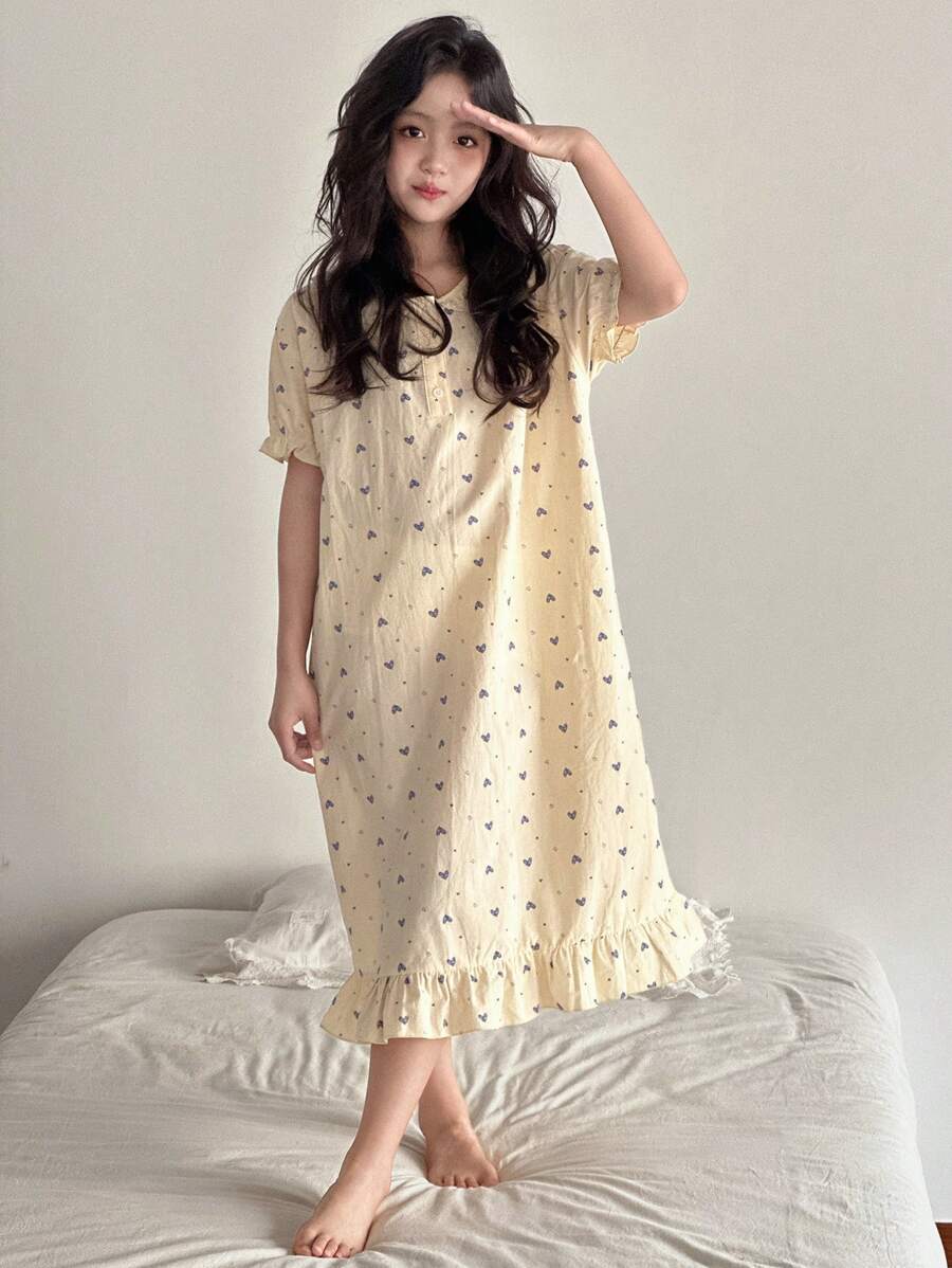 Dazy Kids Tween Girl Heart Print Short Sleeve Casual Homewear Dress,Girls Summer Outfits,Back To School Clothes - White - View 1