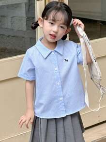 Dazy Kids 女童编织条纹刺绣短袖衬衫，夏季 - 藍色 - 查看 3