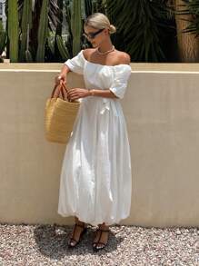 Livesso 纯色露肩束腰蝴蝶结碎花连衣裙，优雅的秋季度假装 - 白色 - 查看 5