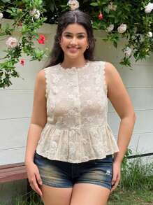 SHEIN EZwear 大码女式夏季休闲花卉刺绣无袖上衣 - 杏色 - 查看 3