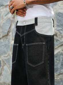 Manfinity Hypemode Men's Long Black Denim Jeans Loose Fit Contrast Panel And Stitching Detail Zipper Fly