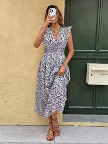 SHEIN Frenchy Women's Casual Ditsy Floral Dress For Vacation Summer Blue Beach