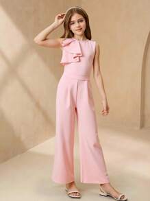 Preadolescente Niñas Elegante Casual Mono Ajustado de Cintura Alta de unicolor sin Mangas con Cuello de Volantes, Verano, Rosa