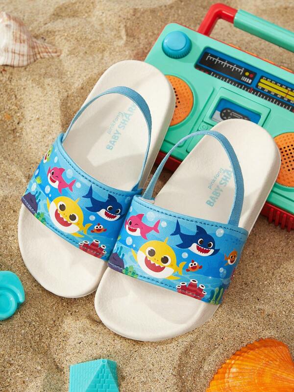 BABY SHARK X SHEIN Papuci albaștri pentru bebeluși/copii mici, cu model drăguț de pești acvatici, din material EVA, ușori, antiderapanți, protejează picioarele mici, potriviți pentru utilizare în interior sau în exterior, unisex pentru băieți și fete