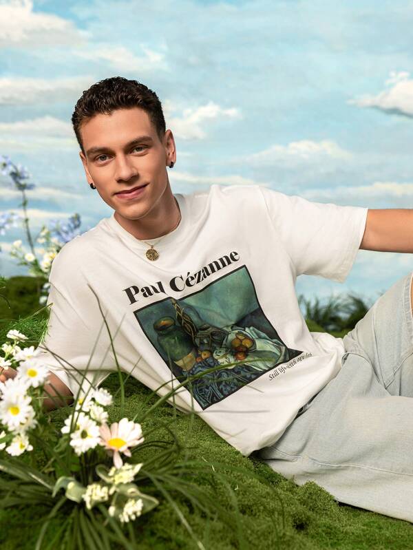 SHEIN Touch of Art Men's Casual Loose Short Sleeve White T-Shirt With Artistic Tactile Painting And Slogan Graphic, Loose Fit, Suitable For Summer