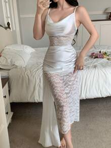 SHEIN 女式蕾丝拼布不对称下摆睡袍 - 白色 - 查看 5