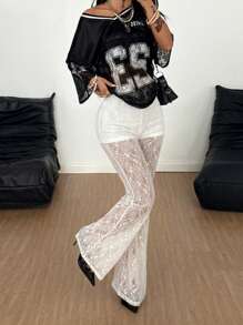 Coolane Women's Spring And Summer For Country Festival Date Night Club Sexy Vintage Lace White Flare Pants - White - View 5