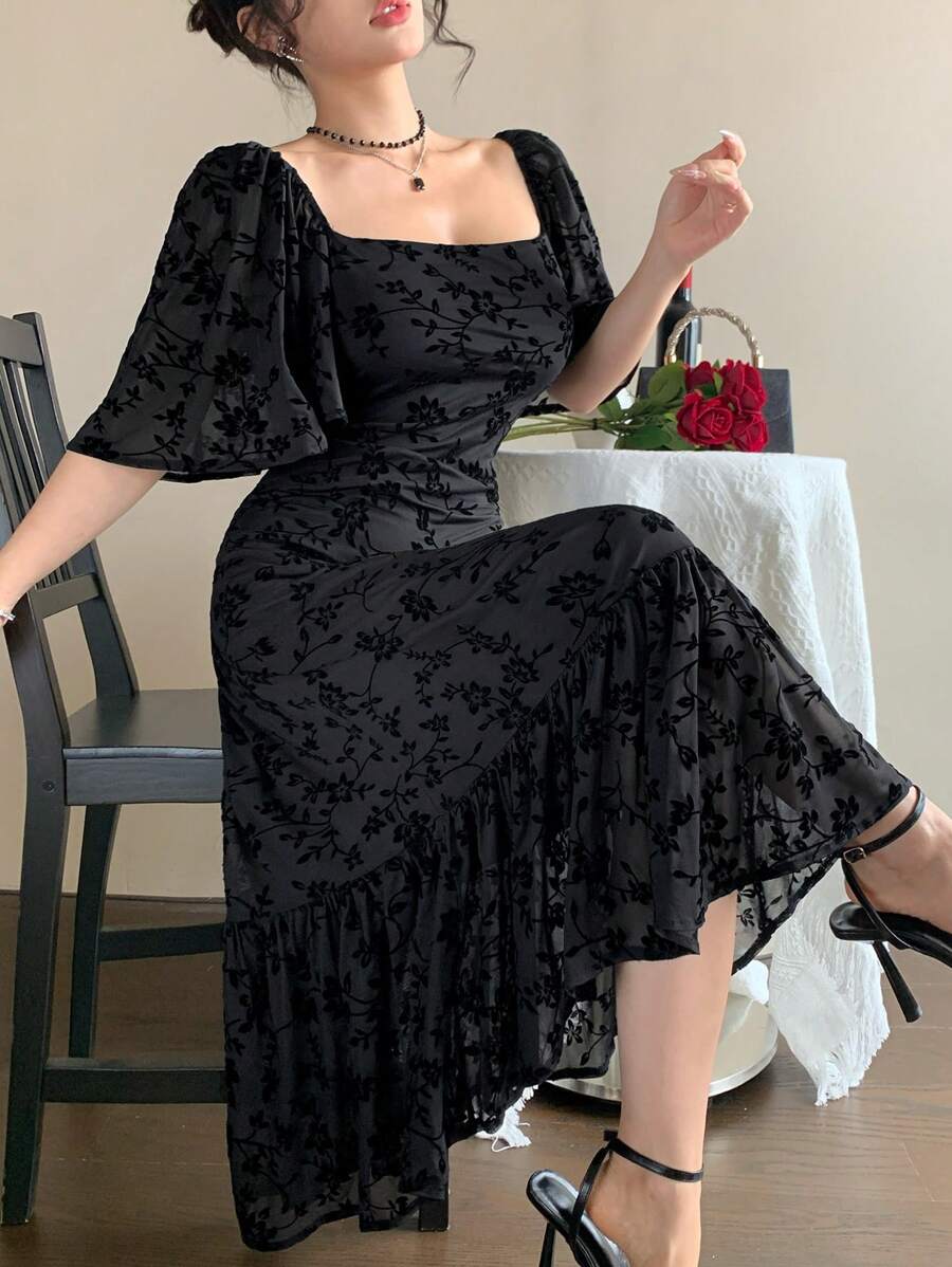 DAZY Đầm nữ dài đến bắp chân, cổ vuông, xếp ly, chất liệu chiffon in hoa, thích hợp cho ngày Valentine, trang phục đi học hoặc đi nghỉ mát. - màu đen - Xem 1