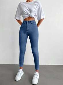 96% Cotton High Waist Skinny Cropped Jeans - Light Wash - View 4