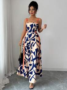 Selianne 女式夏季新款休闲细肩带收腰宽下摆几何印花连衣裙