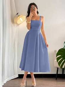 Firerie Women's Elegant Minimalist V-Neck Ruched Texture Fabric Beach Midi Dress, A-Line Silhouette, Summer - Blue - View 3