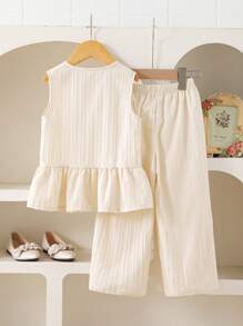2 pezzi, abbigliamento estivo per ragazze giovani, composto da blusa con rifiniture a volant a farfalla monopetto in tinta unita e pantaloni in tinta unita, outfit semplice e casual