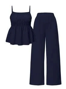 Set de 2 piezas con top de tirantes y pantalón de pierna ancha para adolescentes, conjunto de ropa casual de verano