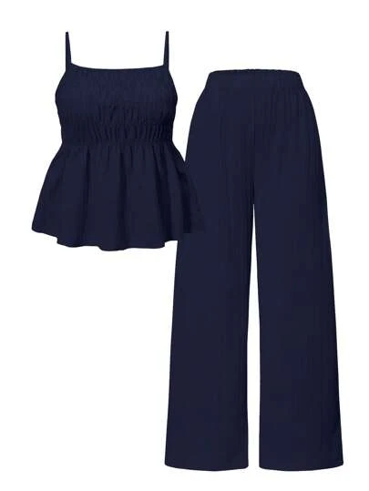 SHEIN Bộ 2 áo yếm và quần ống rộng cho bé gái tuổi teen, trang phục thường ngày mùa hè