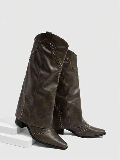 Daringsoles Vintage Studded Thigh High Boots, French Style Versatile Western Cowgirl Boots For Petite Women