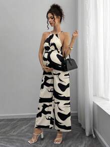 Momance 数码印花孕妇连体裤，前后蝴蝶结，阔腿长裤