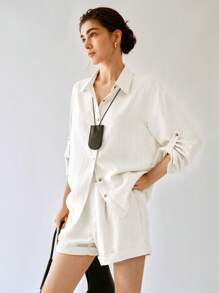 Uhlyne Uhlyne 女士春夏休闲日常通勤白色亚麻袖开襟衬衫黑色衬衫，商务休闲，工作服女士，办公室，教师 - 白色 - 查看 2