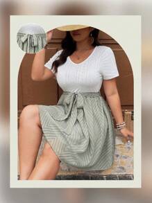 SHEIN LUNE 大码女式夏季婚礼宾客礼服女式腰部系带拼接 A 形摆连衣裙