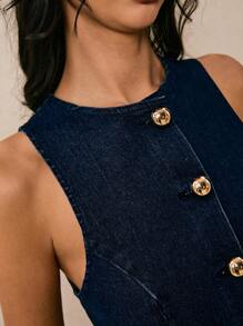 Poéselle 女式夏季单排扣圆领无袖休闲牛仔连衣裙