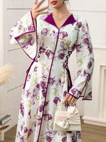 Yasmyna Floral Patchwork Tie-Waist Arabic Style Dress For Women, Homewear Jalabiya - Multicolor - View 4