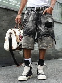 Manfinity LEGND Men's Black Denim Bermuda Shorts With Ripped Details And Camouflage Underlayer