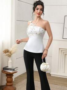 Modelyn Women's Summer Elegant Flower Embroidery Mesh Patchwork Blouse