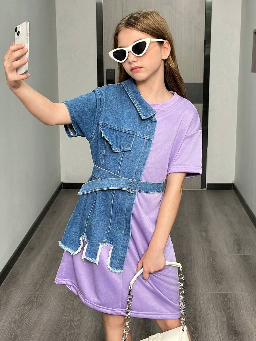 Tracing Cotton Splicing Casual Denim Dress - Purple - View 1