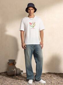 SHEIN Touch of Art Men's Casual Summer Street Floral & Slogan Graphic Dropped Shoulder Loose White T-Shirt - White - View 3