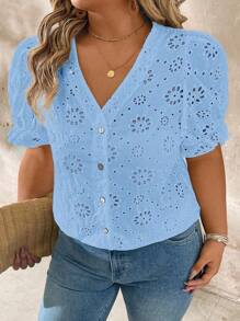 SHEIN LUNE Women Plus Size V-Neck Embroidered Puff Sleeve Button Front Blouse - Blue - View 6