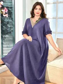 Lacomfia Vestido largo de estilo árabe con cuello redondo, manga corta, y volantes en talla grande de unicolor - Morado - Ver 6