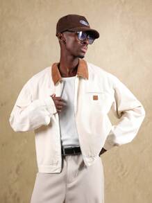 SUMWON 哈灵顿夹克灯芯绒领工作服经典复古秋冬外套休闲帆布棉质拉链时尚街头服饰 - 米色 - 查看 1