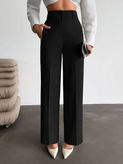EURMUSE Women Pocket Detailed Long High Waist Elegant Woven Pants