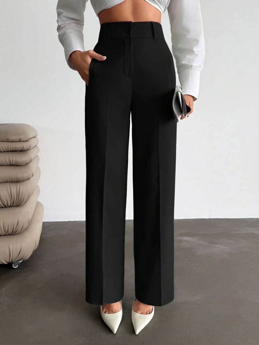 EURMUSE Women Pocket Detailed Long High Waist Elegant Woven Pants - Black - View 1