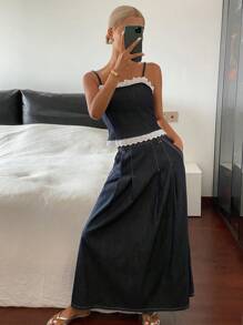DAZY Conjunto de falda de línea A con tirantes de espagueti y encaje de contraste, ropa de resort casual de verano para damas, conjunto de jeans