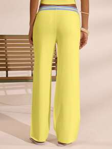 MUSERA 低腰撞色抽绳阔腿轻薄针织裤，仅下装，适合夏季度假、优雅沙滩、可爱机场穿着，舒适百搭，秋冬日常春季皆宜。 - 黃色 - 查看 4