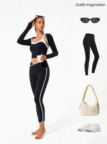 GLOWMODE FeatherFit™ Energizer Slim Fit Color Contrast Crossover Straps Low Neckline Cropped Active Tank Yoga Pilates Spring - Black and White - View 7